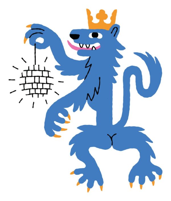 Tegning af den blå løve med krone, der svinger en diskokugle.