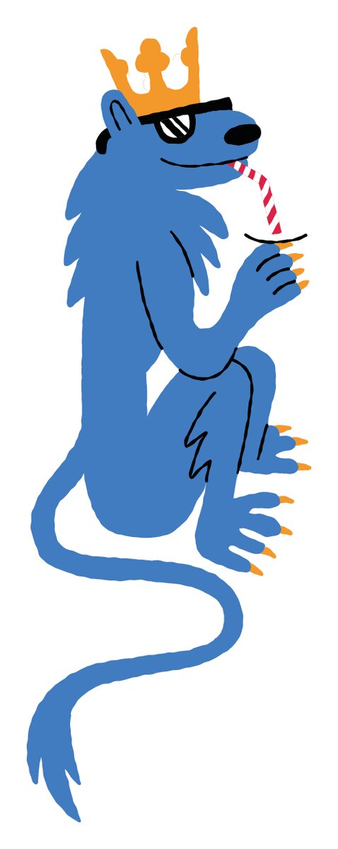 Tegning af den blå løve med krone og solbriller.