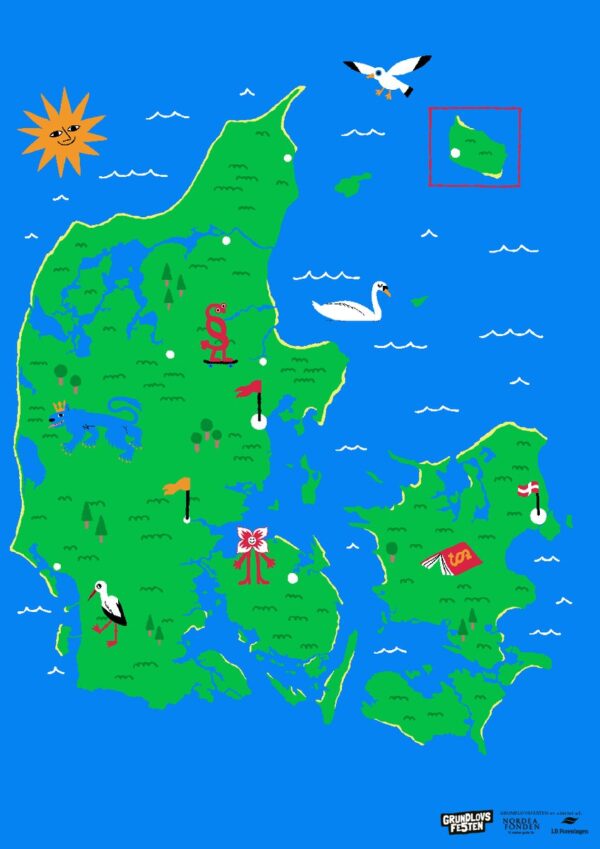 Plakat med et tegnet Danmarkskort med sol, svaner og flag.