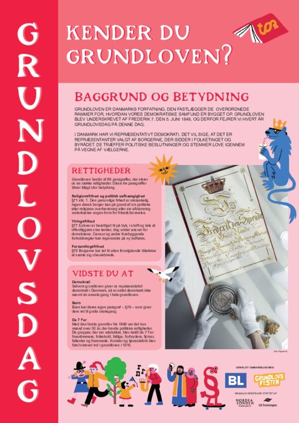 Plakaten Kender du grundloven? med baggrund, rettigheder og fakta om grundloven.